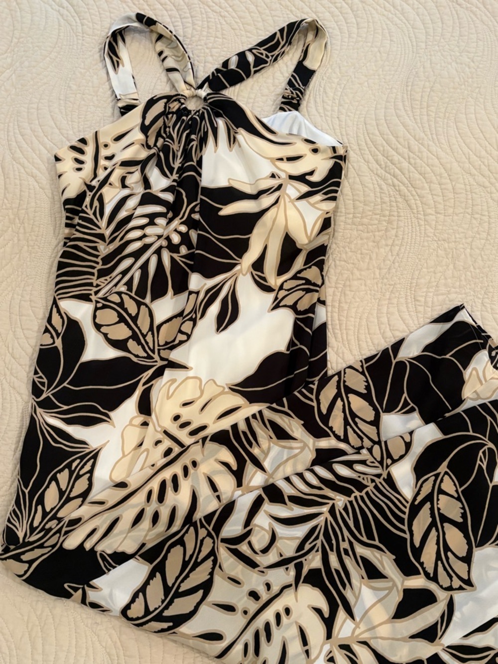 Black, White & Beige Tropical Print Halter Dress